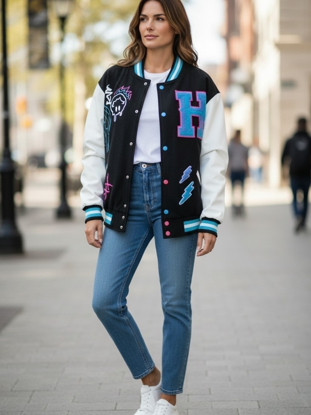 SMOKE RISE Varsity Jacket with Leather Slevees Punk Rock Colorful Y2K Emo
